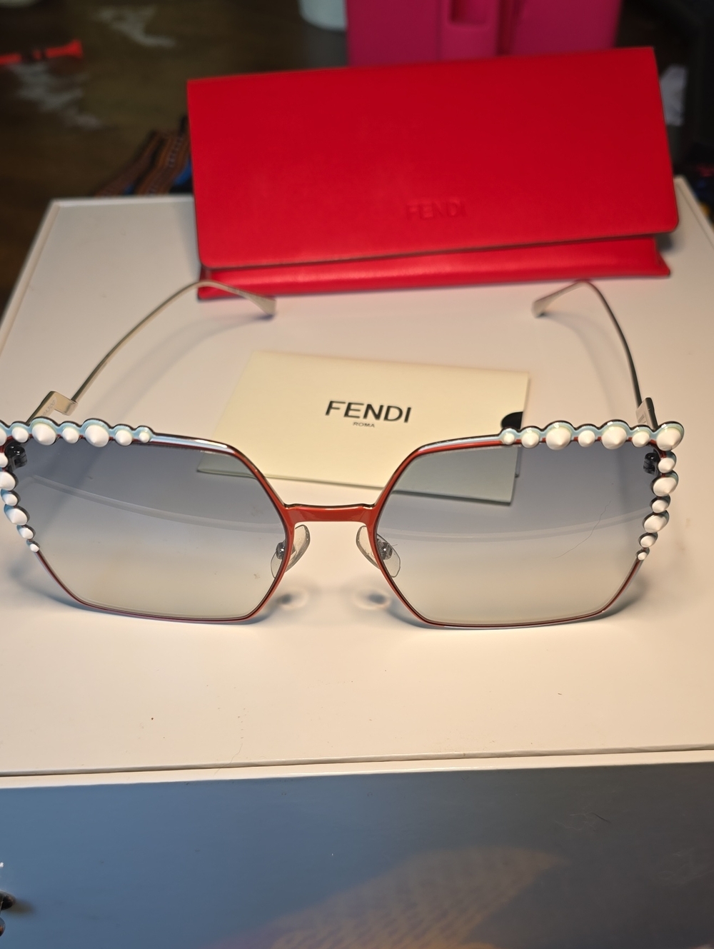 Fendi Red Frame Sunglasses with Pearl Accent